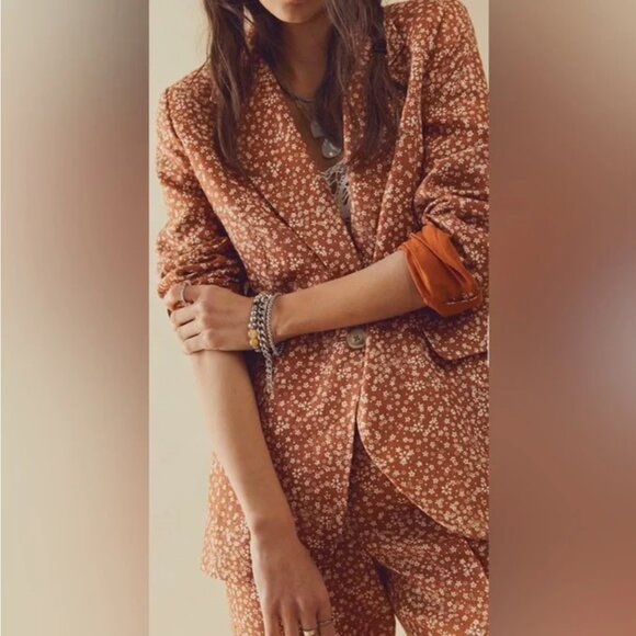 NWT Free People Maggie Linen Floral Blazer Pant Set Burnt Orange - Picture 11 of 11